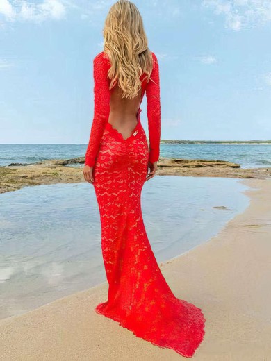 Long Sleeve V-neck Red Lace Trumpet/Mermaid Backless Prom Dresses #JCD020102199