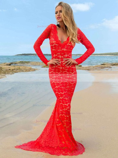Long Sleeve V-neck Red Lace Trumpet/Mermaid Backless Prom Dresses #JCD020102199