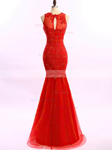 Trumpet/Mermaid Red Scoop Neck Tulle Appliques Lace Amazing Prom Dresses #JCD020102204