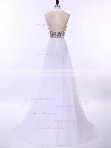 Backless Chiffon with Beading Sweep Train White Halter Prom Dress #JCD020102208