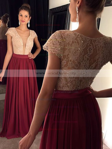 A-line V-neck Lace Chiffon Crystal Detailing Ladies Short Sleeve Prom Dress #JCD020102209