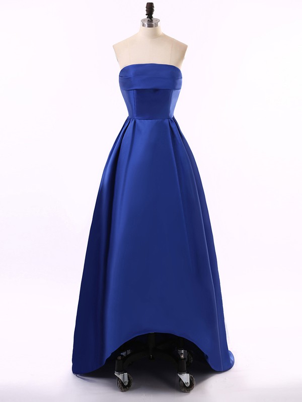 Original Asymmetrical Satin Princess Royal Blue Strapless Prom Dress