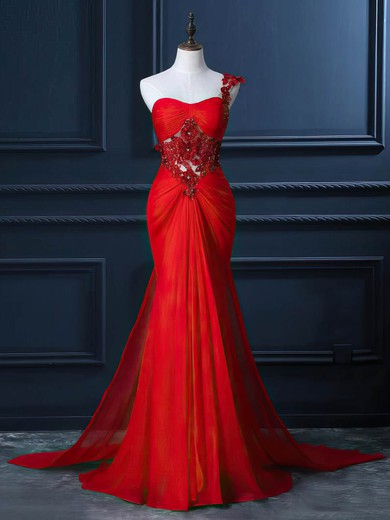 Red One Shoulder Chiffon Beading Online Trumpet/Mermaid Prom Dress #JCD020102212