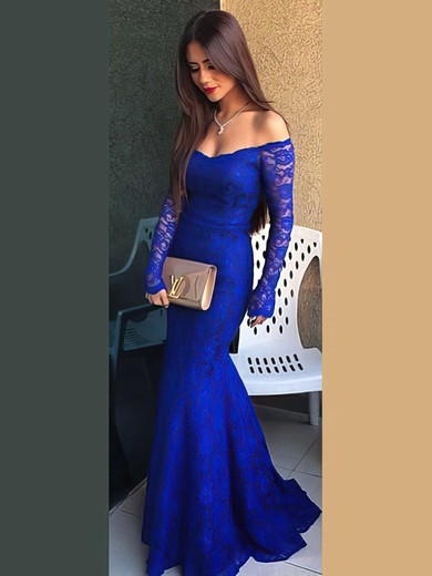 Royal Blue Lace Long Sleeve Off-the-shoulder Trumpet/Mermaid Prom Dress #JCD020102214