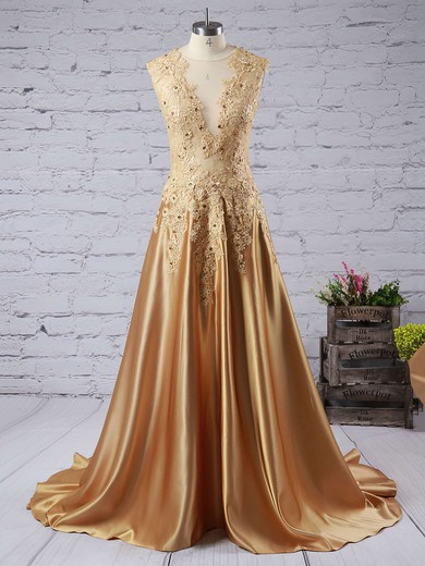 Modest Sweep Train Silk-like Satin Appliques Lace V-neck Long Prom Dress #JCD020102215