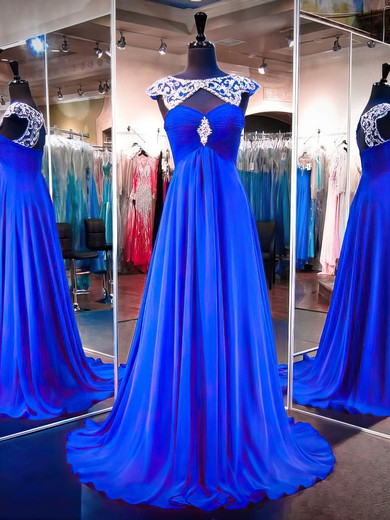 Royal Blue Scoop Neck Chiffon Tulle Sweep Train Beading Vintage Prom Dress #JCD020102216
