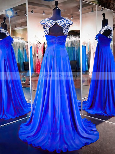 Royal Blue Scoop Neck Chiffon Tulle Sweep Train Beading Vintage Prom Dress #JCD020102216