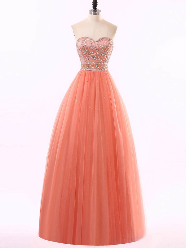 Floor-length Orange Tulle with Beading Princess Discount Prom Dress