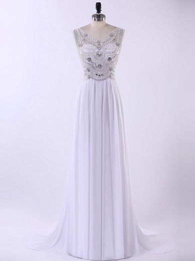 White V-neck Court Train Chiffon Tulle with Beading Affordable Prom Dress #JCD020102219