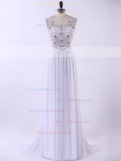 White V-neck Court Train Chiffon Tulle with Beading Affordable Prom Dress #JCD020102219