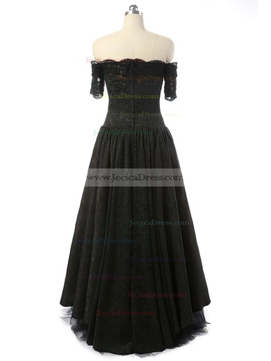 Asymmetrical Lace Tulle Short Sleeve Off-the-shoulder Black Different Prom Dress #JCD020102226