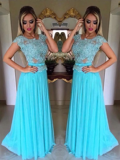 Popular Scoop Neck Chiffon Appliques Lace Blue Short Sleeve Prom Dress #JCD020102227
