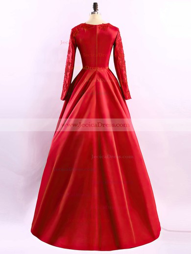 Princess Sweep Train Great Satin Appliques Lace Long Sleeve Evening Dresses #JCD02023575