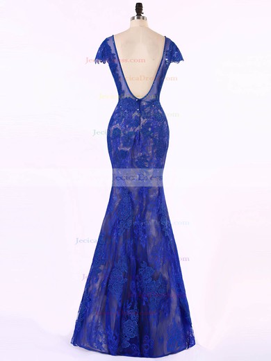 Royal Blue Trumpet/Mermaid Backless Lace Tulle Short Sleeve Evening Dresses #JCD02023577