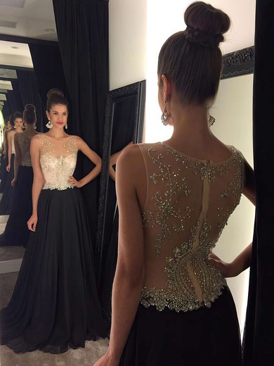 Best Scoop Neck Sweep Train Tulle Chiffon with Beading Black Prom Dresses #JCD020102320