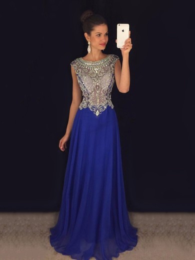 Royal Blue Scoop Neck Tulle Chiffon Beading Sweep Train Modest Prom Dresses #JCD020102321