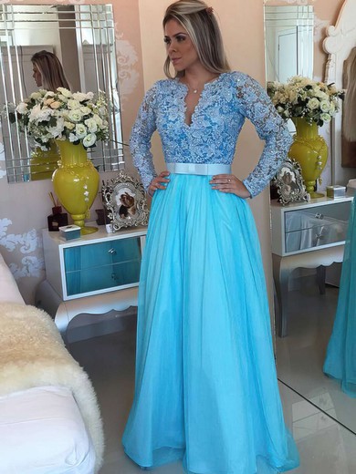 V-neck A-line Blue Tulle Lace with Beading Long Sleeve Prom Dresses #JCD020102323