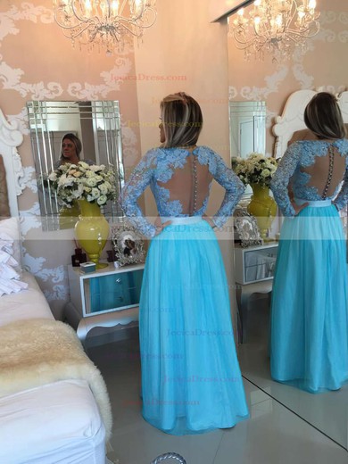V-neck A-line Blue Tulle Lace with Beading Long Sleeve Prom Dresses #JCD020102323