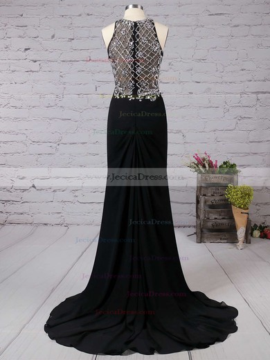 Sheath/Column Scoop Neck Black Chiffon Split Front Boutique Prom Dresses #JCD020102325
