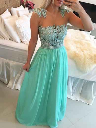 Gorgeous A-line Scoop Neck Chiffon Tulle Appliques Lace Long Prom Dress #JCD020102327