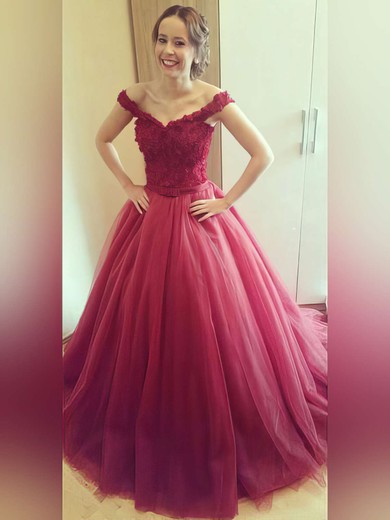 Ball Gown Burgundy Tulle Appliques Lace Amazing Off-the-shoulder Prom Dress #JCD020102328