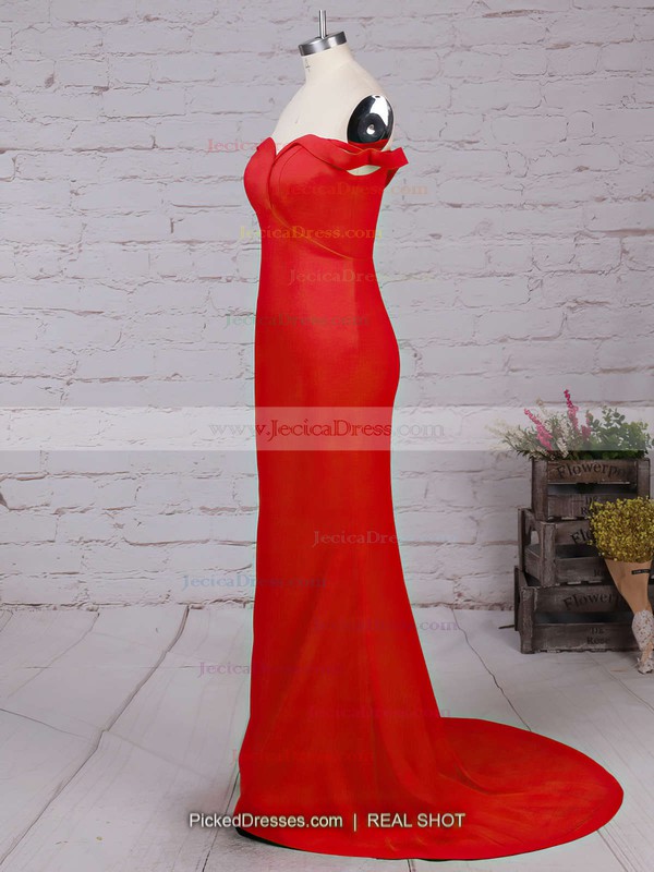 Hot Sheath/Column Silk-like Satin Ruffles Red Off-the-shoulder Prom Dress #JCD020102332