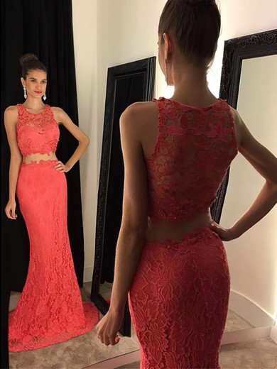 Two Piece Scoop Neck Funky Lace Beading Trumpet/Mermaid Prom Dress #JCD020102334