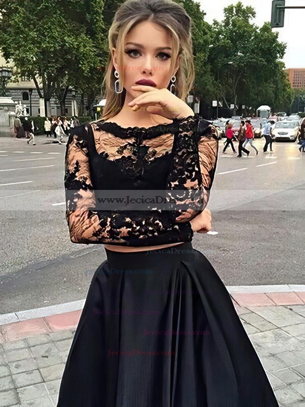 Black Tulle Elastic Woven Satin Appliques Lace Elegant Long Sleeve Two Piece Prom Dress #JCD020102335