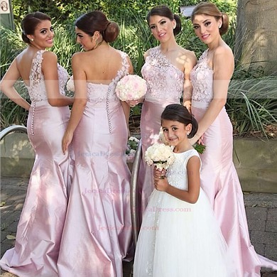 One Shoulder Taffeta with Lace Sexy Trumpet/Mermaid Bridesmaid Dresses #JCD01012750