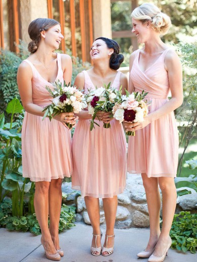 Affordable Chiffon Knee-length Ruffles Pink V-neck Bridesmaid Dresses #JCD01012754