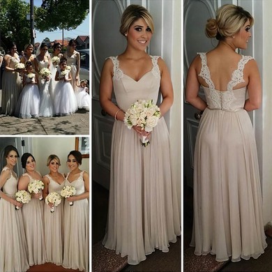 Wholesale Chiffon Floor-length Appliques Lace V-neck Long Bridesmaid Dresses #JCD01012755