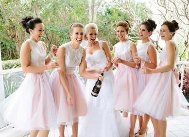 Tulle Knee-length with Lace Boutique Scalloped Neck Bridesmaid Dresses #JCD01012767