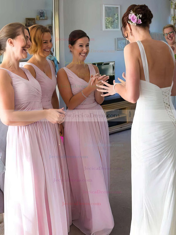 Pink Chiffon Floor-length with Ruffles Nice V-neck Bridesmaid Dress #JCD01012771