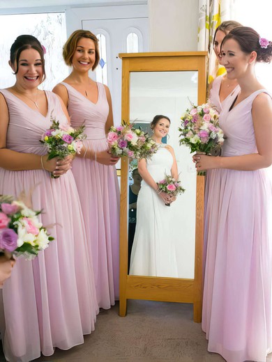 Pink Chiffon Floor-length with Ruffles Nice V-neck Bridesmaid Dress #JCD01012771
