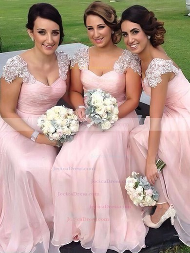 Good Chiffon Floor-length Appliques Lace V-neck Pink Bridesmaid Dress #JCD01012776