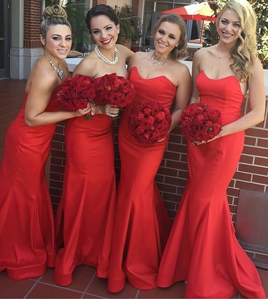 Latest Sweetheart Silk-like Satin Ruffles Red Trumpet/Mermaid Bridesmaid Dress #JCD01012781