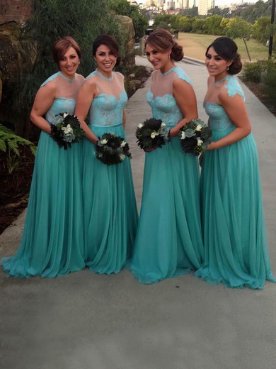Chiffon Tulle Sweep Train Appliques Lace Scoop Neck Famous Bridesmaid Dress #JCD01012783