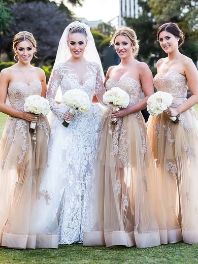 Sweetheart Tulle Floor-length Appliques Lace Modest Champagne Bridesmaid Dress #JCD01012787
