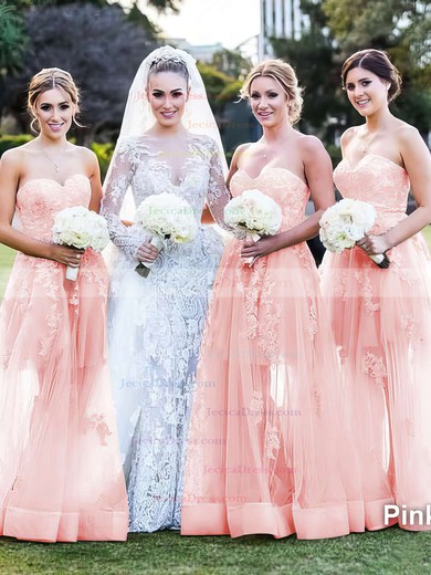 Sweetheart Tulle Floor-length Appliques Lace Modest Champagne Bridesmaid Dress #JCD01012787
