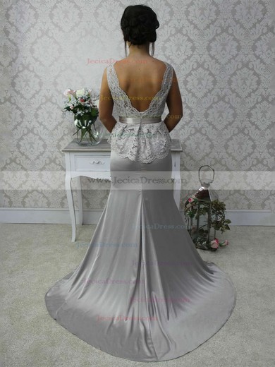 Scalloped Neck Lace Silk-like Satin Sashes / Ribbons Open Back Trumpet/Mermaid Bridesmaid Dress #JCD01012788
