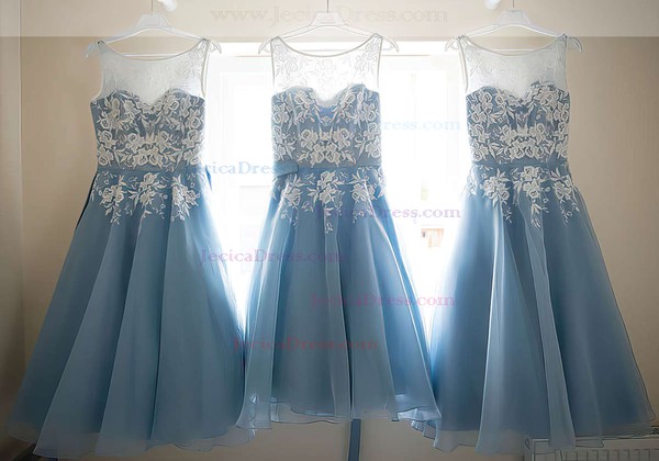 Elegant Tulle Appliques Lace Scoop Neck Tea-length Bridesmaid Dress #JCD01012790