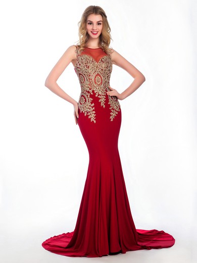 Trumpet/Mermaid Red Chiffon Tulle Appliques Lace Court Train Prom Dresses #JCD020102231