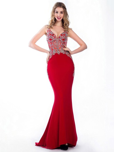 Trumpet/Mermaid Red Tulle Silk-like Satin Beading V-neck Prom Dresses #JCD020102232