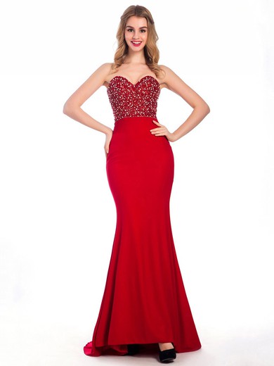 Trumpet/Mermaid Silk-like Satin Beading Red Sweetheart Prom Dresses #JCD020102235