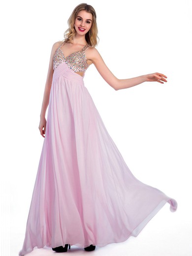 V-neck Pink Chiffon Beading Ankle-length Beautiful Prom Dresses #JCD020102239