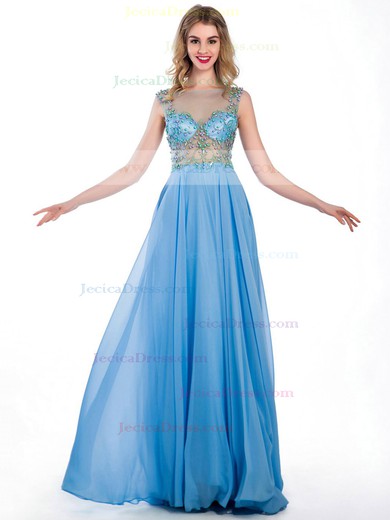 Top Scoop Neck Chiffon Tulle Floor-length Beading Blue Prom Dresses #JCD020102240