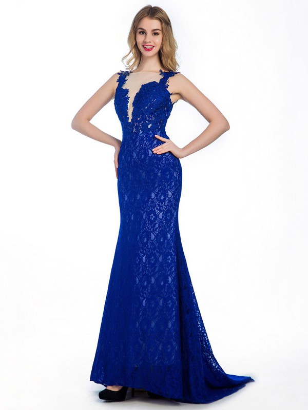 Backless Royal Blue Lace Tulle Trumpet/Mermaid Appliques Lace Sweep Train Prom Dresses