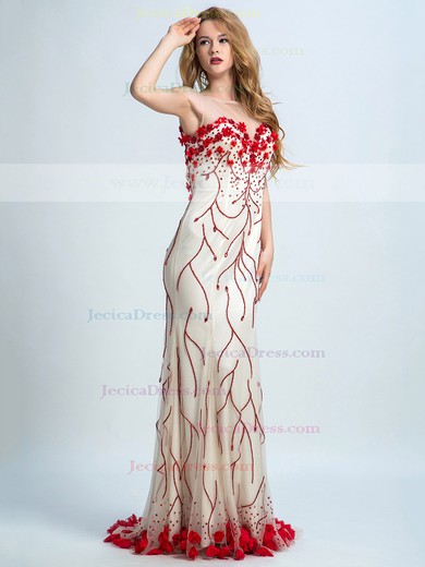 Sheath/Column Ivory Tulle Flower(s) Sweep Train Pretty Prom Dress #JCD020102251