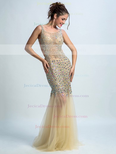 Trumpet/Mermaid Champagne Tulle Beading Scoop Neck Backless Prom Dress #JCD020102252
