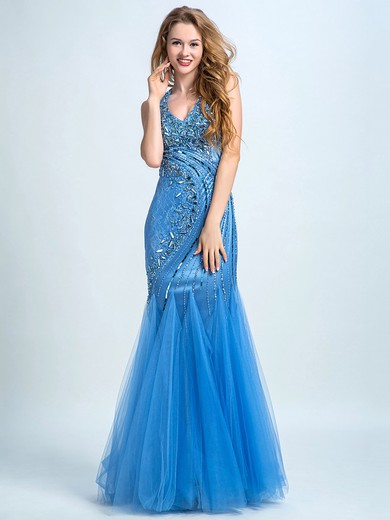 V-neck Tulle Crystal Detailing Lace-up Trumpet/Mermaid Prom Dress #JCD020102253
